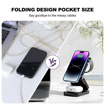 A380 3-in-1 15W Fast Charging Desktop Bracket Folding Magnetic Wireless Charger Compatible with iPhone  /  Apple Watch  /  Airpods