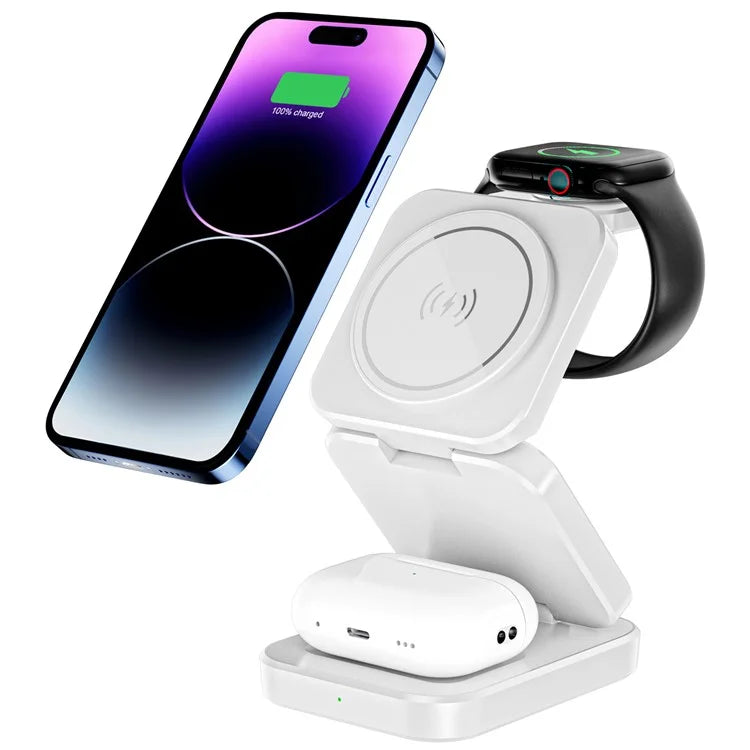 A380 3-in-1 15W Fast Charging Desktop Bracket Folding Magnetic Wireless Charger Compatible with iPhone  /  Apple Watch  /  Airpods