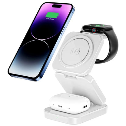 A380 3-in-1 15W Fast Charging Desktop Bracket Folding Magnetic Wireless Charger Compatible with iPhone  /  Apple Watch  /  Airpods