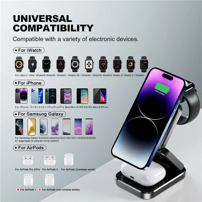A380 3-in-1 15W Fast Charging Desktop Bracket Folding Magnetic Wireless Charger Compatible with iPhone  /  Apple Watch  /  Airpods