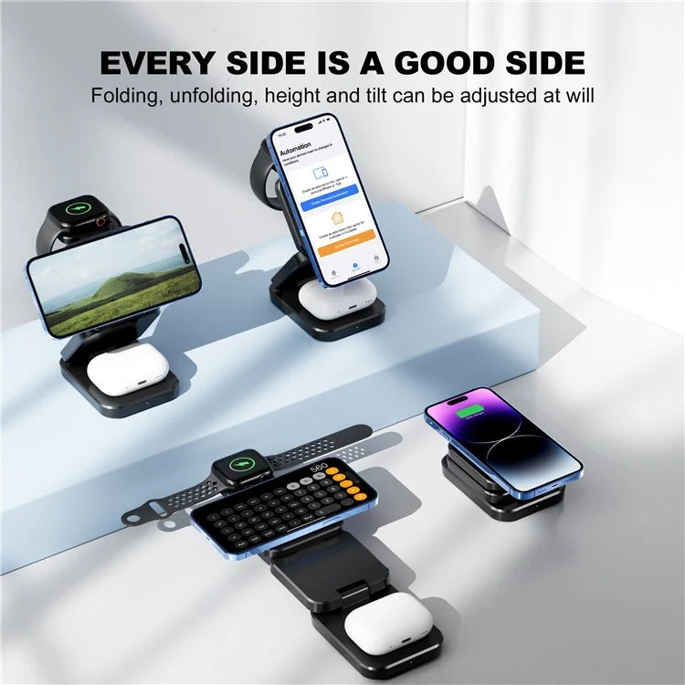 A380 3-in-1 15W Fast Charging Desktop Bracket Folding Magnetic Wireless Charger Compatible with iPhone  /  Apple Watch  /  Airpods