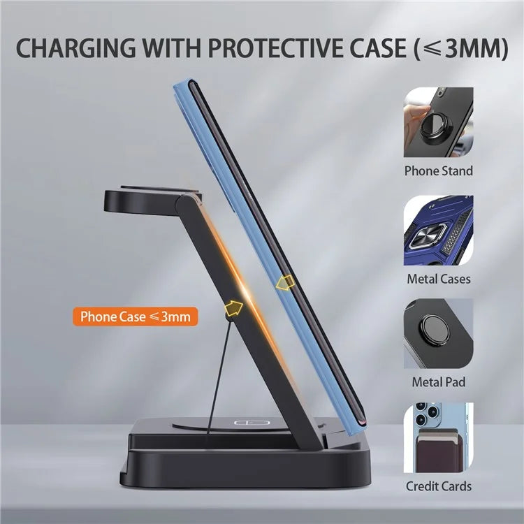 B-18C 3 in 1 Wireless Charger 15W Fast Charging Station Charger Stand for Apple Watch, Iphone, AirPods