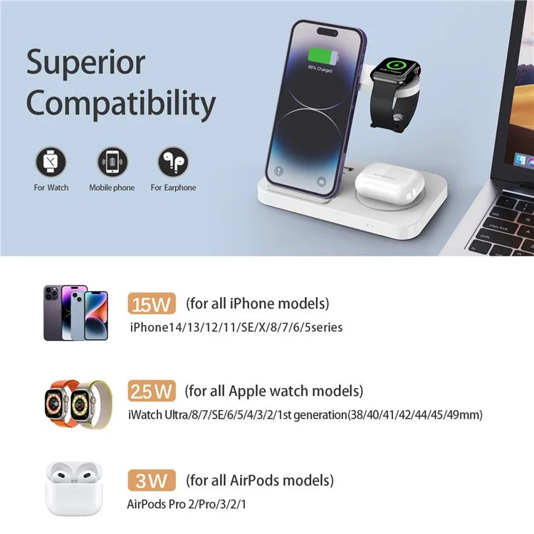 B-18C 3 in 1 Wireless Charger 15W Fast Charging Station Charger Stand for Apple Watch, Iphone, AirPods
