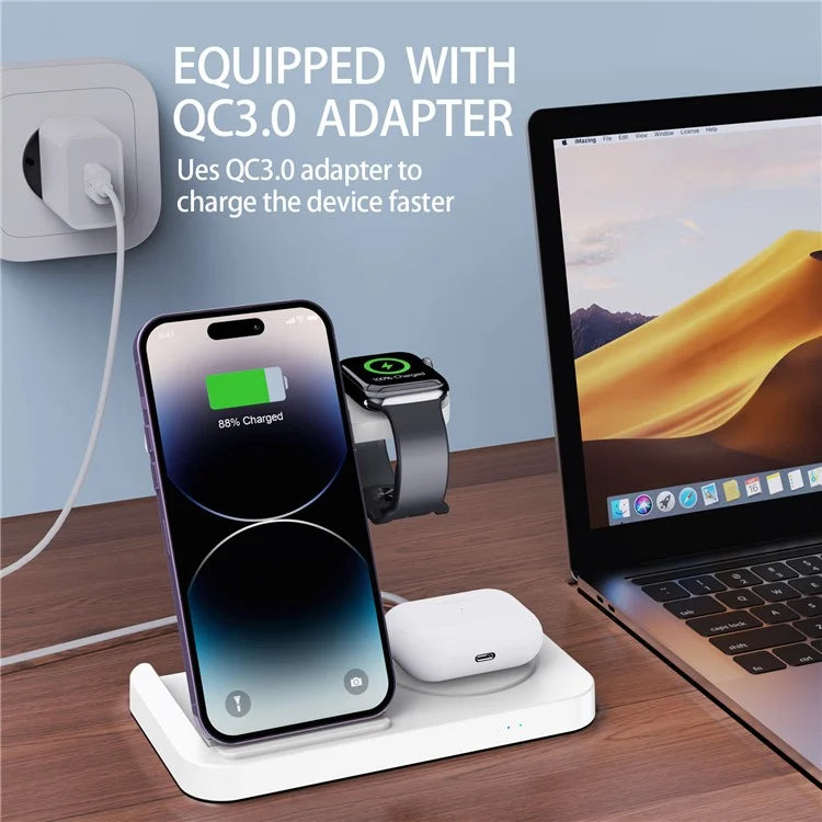 B-18C 3 in 1 Wireless Charger 15W Fast Charging Station Charger Stand for Apple Watch, Iphone, AirPods