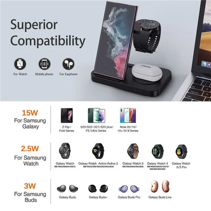 B-18C 3 in 1 Wireless Charger 15W Fast Charging Station Charger Stand for Samsung Galaxy  /  Watch  /  Buds