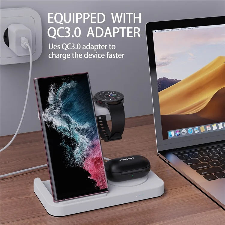 B-18C 3 in 1 Wireless Charger 15W Fast Charging Station Charger Stand for Samsung Galaxy  /  Watch  /  Buds