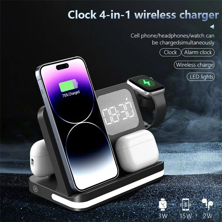 B-22 3 in 1 Wireless Charger 15W Charging Station for iPhone  /  Apple Watch, AirPods with Alarm Clock