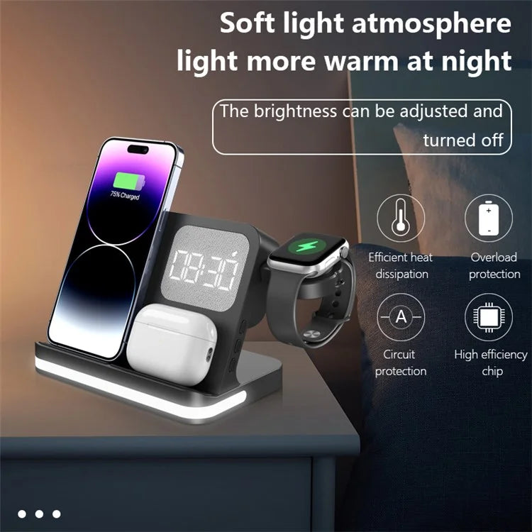 B-22 3 in 1 Wireless Charger 15W Charging Station for iPhone  /  Apple Watch, AirPods with Alarm Clock