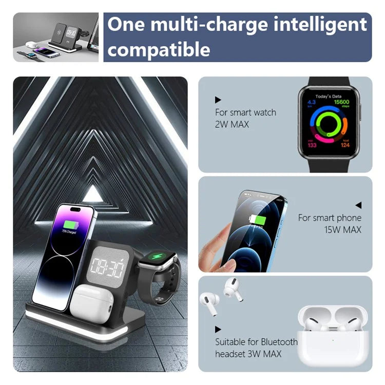 B-22 3 in 1 Wireless Charger 15W Charging Station for iPhone  /  Apple Watch, AirPods with Alarm Clock