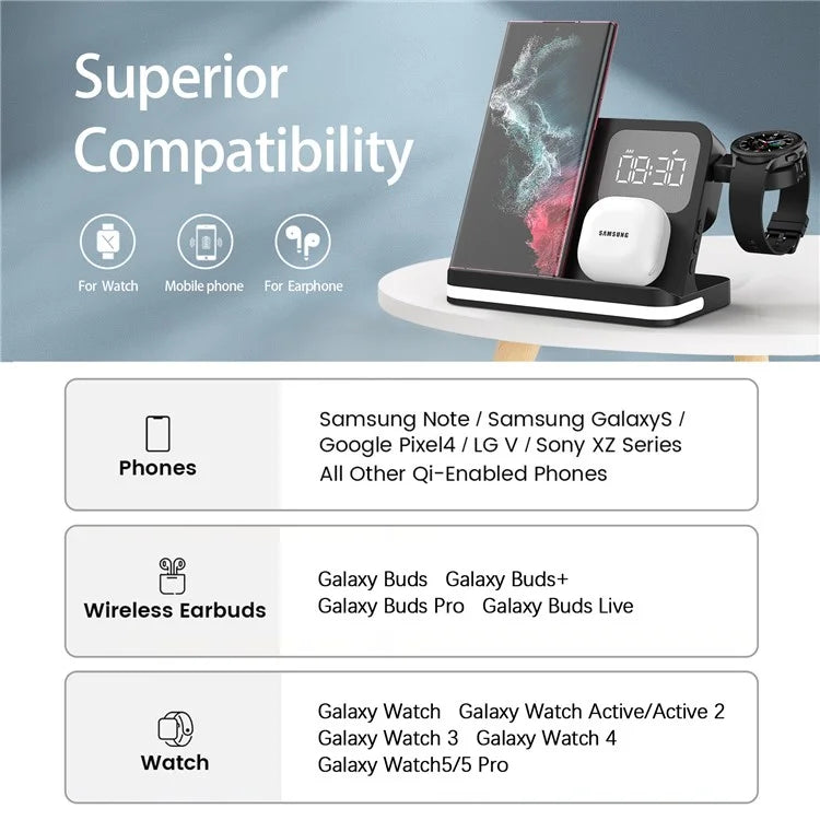 B-22 3 in 1 Wireless Charger 15W Charging Station for Samsung Galaxy Phone  /  Watch  /  Buds with Alarm Clock