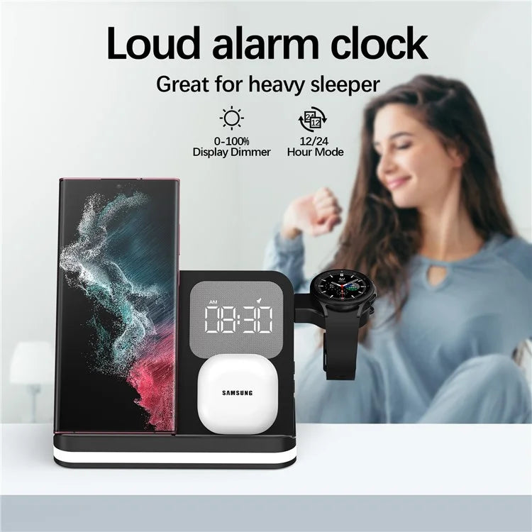 B-22 3 in 1 Wireless Charger 15W Charging Station for Samsung Galaxy Phone  /  Watch  /  Buds with Alarm Clock