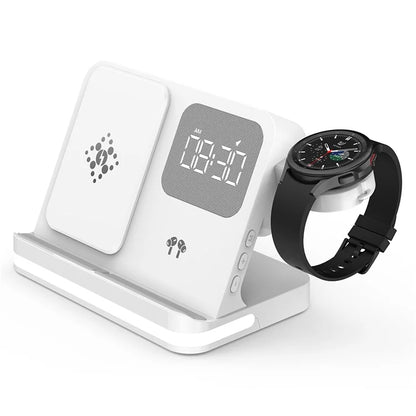 B-22 3 in 1 Wireless Charger 15W Charging Station for Samsung Galaxy Phone  /  Watch  /  Buds with Alarm Clock