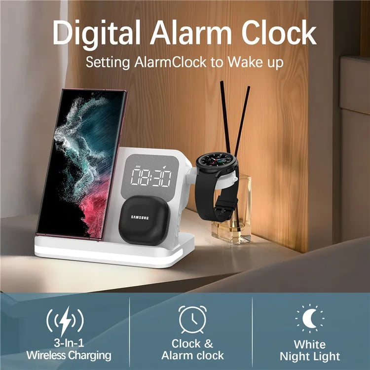 B-22 3 in 1 Wireless Charger 15W Charging Station for Samsung Galaxy Phone  /  Watch  /  Buds with Alarm Clock