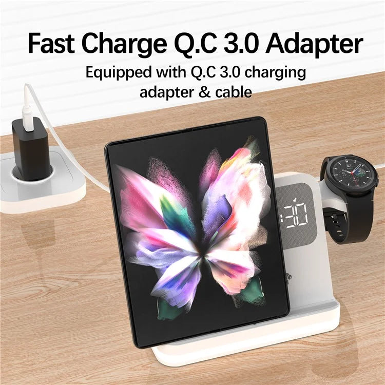 B-22 3 in 1 Wireless Charger 15W Charging Station for Samsung Galaxy Phone  /  Watch  /  Buds with Alarm Clock