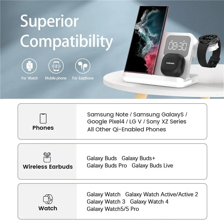 B-22 3 in 1 Wireless Charger 15W Charging Station for Samsung Galaxy Phone  /  Watch  /  Buds with Alarm Clock
