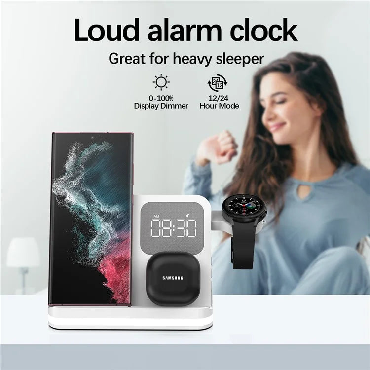 B-22 3 in 1 Wireless Charger 15W Charging Station for Samsung Galaxy Phone  /  Watch  /  Buds with Alarm Clock