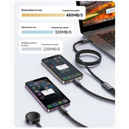 AWEI W23 1.2m Type-C to Type-C + iP + Wireless Charger for Apple Watch 3-in-1 Charging Cable