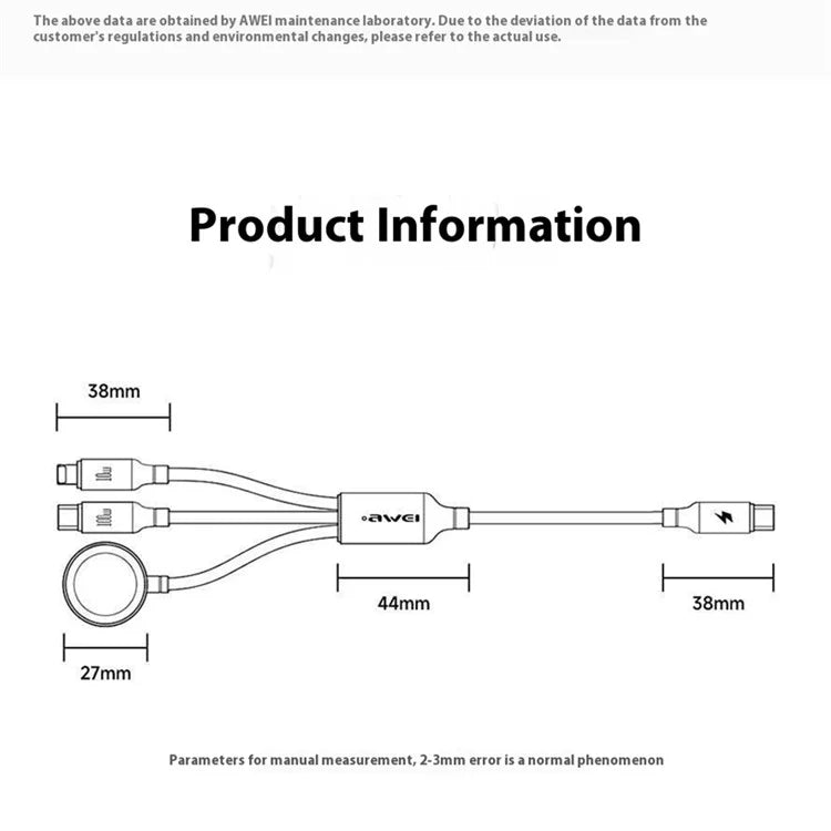 AWEI W23 1.2m Type-C to Type-C + iP + Wireless Charger for Apple Watch 3-in-1 Charging Cable