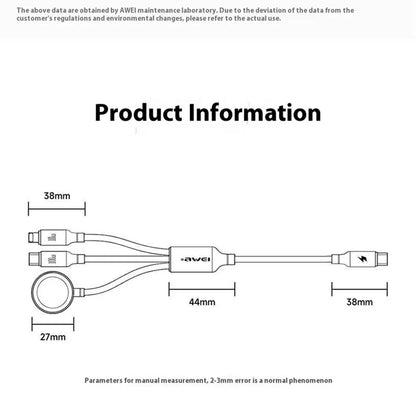 AWEI W23 1.2m Type-C to Type-C + iP + Wireless Charger for Apple Watch 3-in-1 Charging Cable
