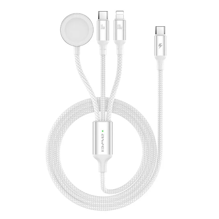 AWEI W23 1.2m Type-C to Type-C + iP + Wireless Charger for Apple Watch 3-in-1 Charging Cable