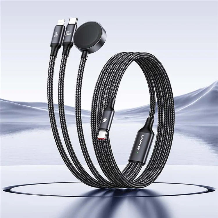 AWEI W23 1.2m Type-C to Type-C + iP + Wireless Charger for Apple Watch 3-in-1 Charging Cable