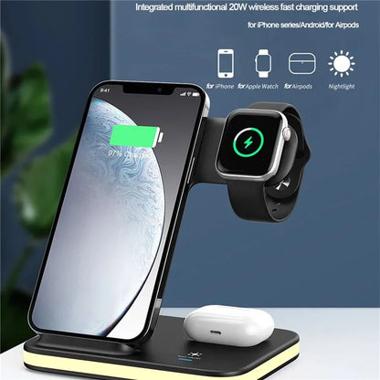E6 4-in-1 15W Wireless Charger Phone Watch Earphone Charging Stand Night Light