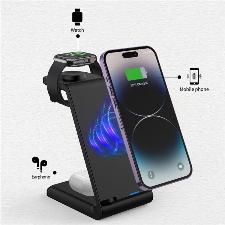 E8 3-in-1 15W Wireless Charger Phone Watch Earphone Desktop Charging Stand