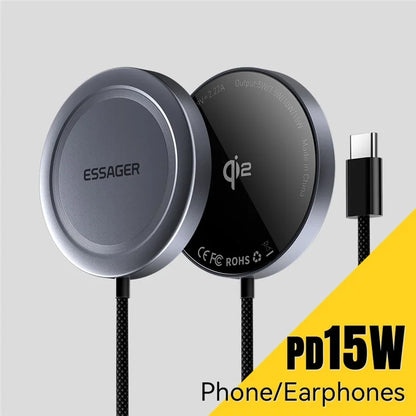 ESSAGER Qi2 15W Fast Charging Aluminum Alloy + PC Magnetic Wireless Charger for iPhone 12-16