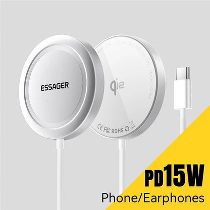 ESSAGER Qi2 15W Fast Charging Aluminum Alloy + PC Magnetic Wireless Charger for iPhone 12-16