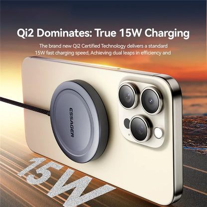 ESSAGER Qi2 15W Fast Charging Aluminum Alloy + PC Magnetic Wireless Charger for iPhone 12-16