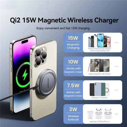 ESSAGER Qi2 15W Fast Charging Aluminum Alloy + PC Magnetic Wireless Charger for iPhone 12-16