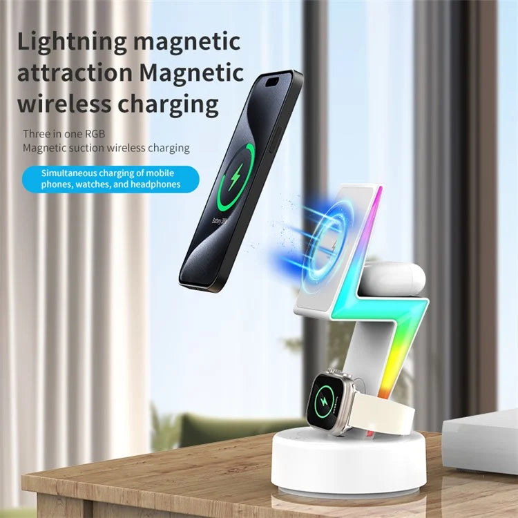 MY002 3-in-1 15W Wireless Charger for Cell Phone, Headset Magnetic Charging Stand with RGB Color Lights
