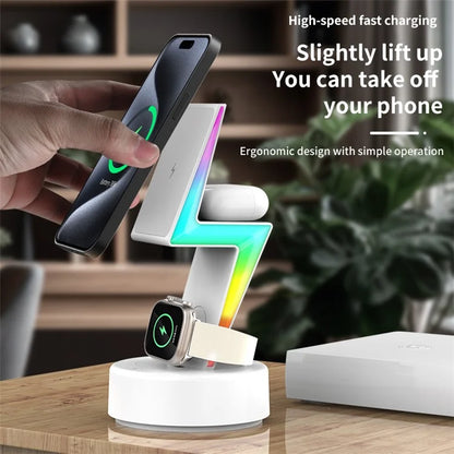 MY002 3-in-1 15W Wireless Charger for Cell Phone, Headset Magnetic Charging Stand with RGB Color Lights