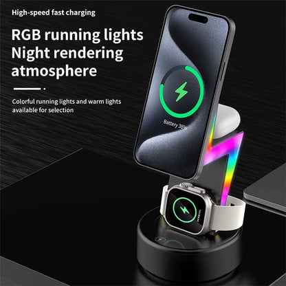 MY002 3-in-1 15W Wireless Charger for Cell Phone, Headset Magnetic Charging Stand with RGB Color Lights