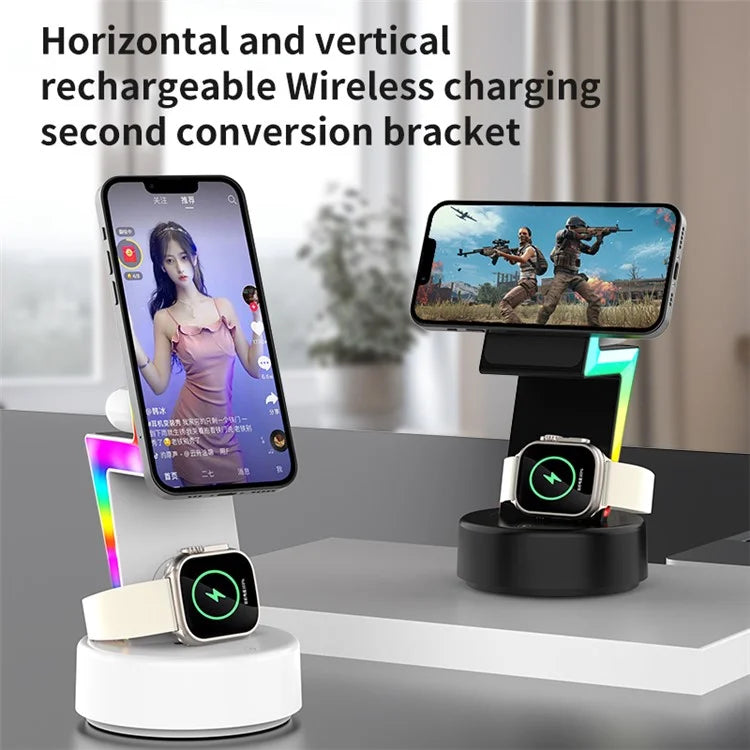 MY002 3-in-1 15W Wireless Charger for Cell Phone, Headset Magnetic Charging Stand with RGB Color Lights
