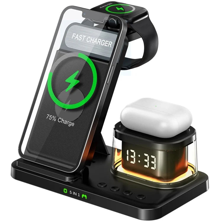 HYY-H33 5-in-1 15W Wireless Charger Folding Charging Station with Night Light