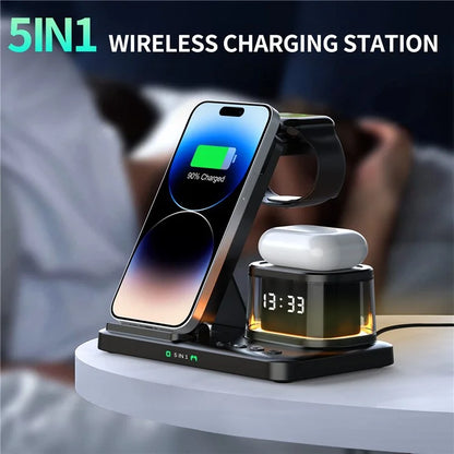 HYY-H33 5-in-1 15W Wireless Charger Folding Charging Station with Night Light