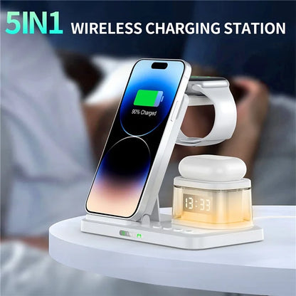 HYY-H33 5-in-1 15W Wireless Charger Folding Charging Station with Night Light