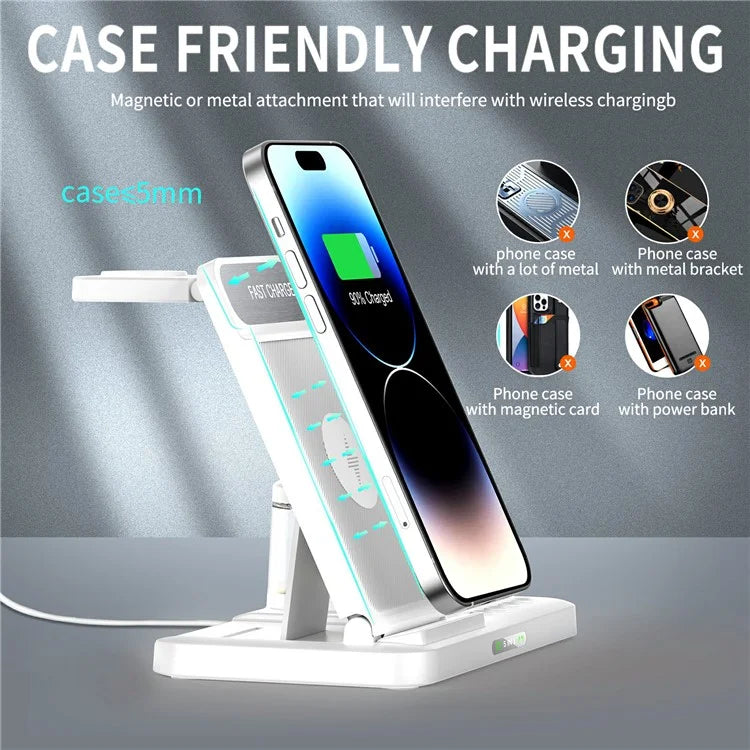 HYY-H33 5-in-1 15W Wireless Charger Folding Charging Station with Night Light