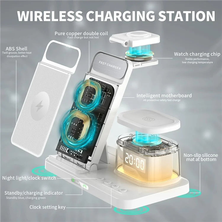 HYY-H33 5-in-1 15W Wireless Charger Folding Charging Station with Night Light