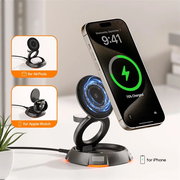 KUULAA KL-CD72 3-in-1 15W Magnetic Wireless Charging Station with Rotatable Base