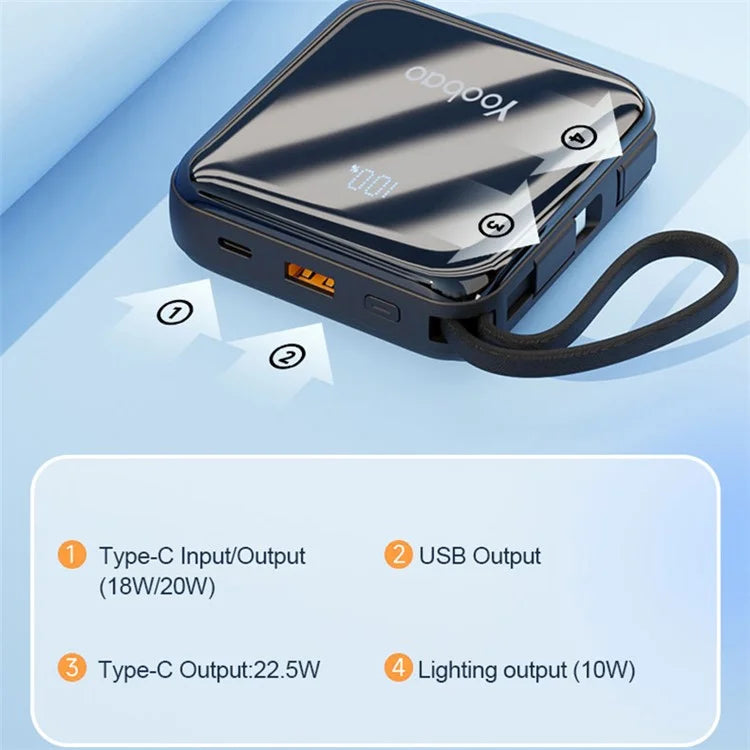 YOOBAO LK10 10000mAh Portable Phone Charger Power Bank External Battery Pack with Built-In Cables