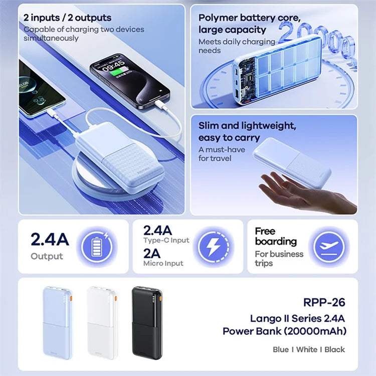 REMAX RPP-26 Lango Ⅱ Series 2.4A Fast Charging Power Bank 20000mAh Portable Phone Charger Battery Pack