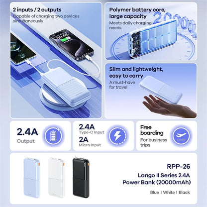 REMAX RPP-26 Lango Ⅱ Series 2.4A Fast Charging Power Bank 20000mAh Portable Phone Charger Battery Pack