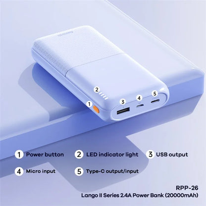 REMAX RPP-26 Lango Ⅱ Series 2.4A Fast Charging Power Bank 20000mAh Portable Phone Charger Battery Pack