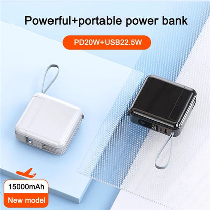 Detachable AC Plug 15000mAh Power Bank with iP + Type-C Fast Charging Cable