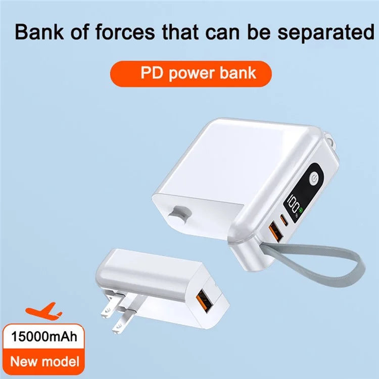 Detachable AC Plug 15000mAh Power Bank with iP + Type-C Fast Charging Cable