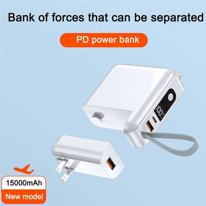 Detachable AC Plug 15000mAh Power Bank with iP + Type-C Fast Charging Cable