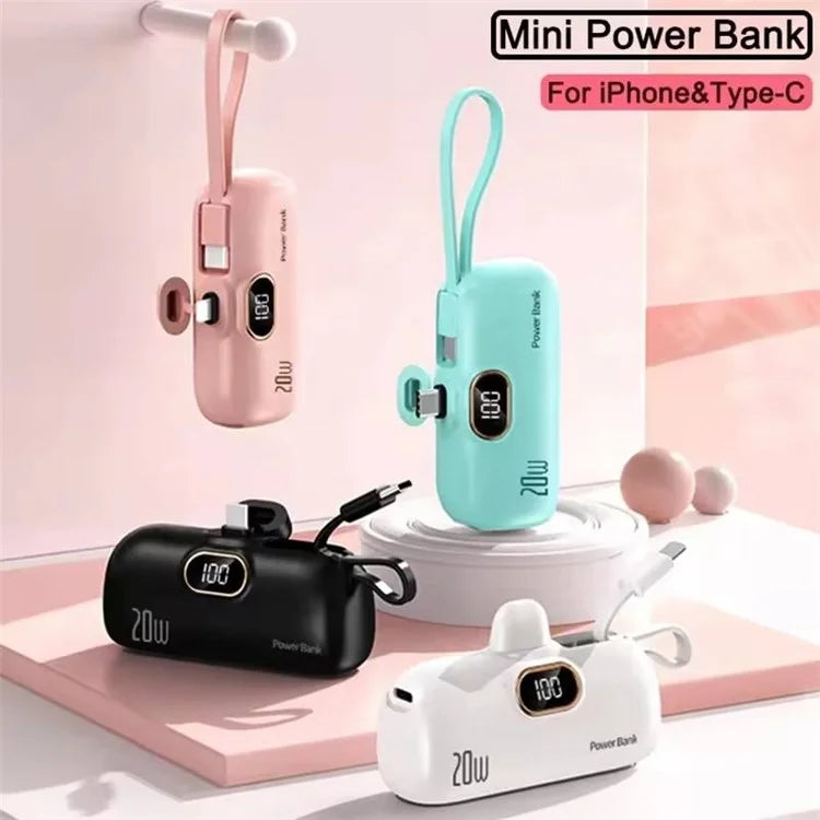 HY-DX628 5000mAh 22.5W Fast Charging Type-C Plug Mini Capsule Power Bank with iP Cable