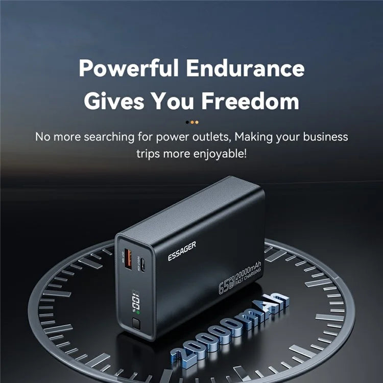 ESSAGER 65W Power Bank 20000mAh Portable Charger with Digital Display Screen for Travel, Outdoor Activities
